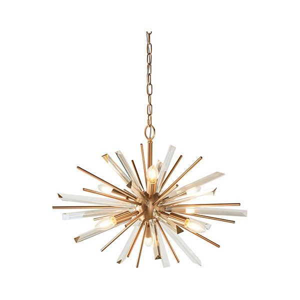Selmoor Shards 6 Light Pendant in antique brass plated metal with clear glass shards radiating from a central sphere, suspended on a chain.