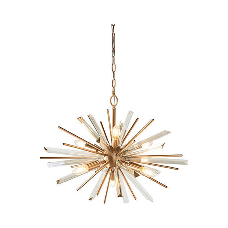 Selmoor Shards 6 Light Pendant in antique brass plated metal with clear glass shards radiating from a central sphere, suspended on a chain.