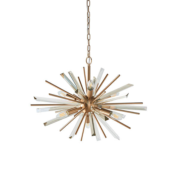 Lighting No.1 Selmoor Shards 6 light pendant in antique brass plated metal with clear glass shards radiating from a central sphere, shown on a white background.