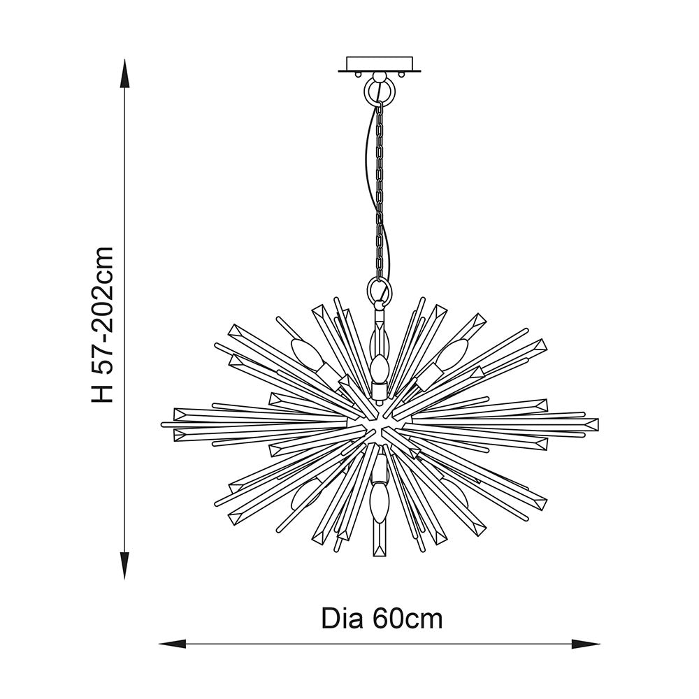Dimensioned line drawing of the Selmoor Shards 6 Light Pendant from Lighting No.1, showing 600mm diameter and adjustable 570-2020mm drop.
