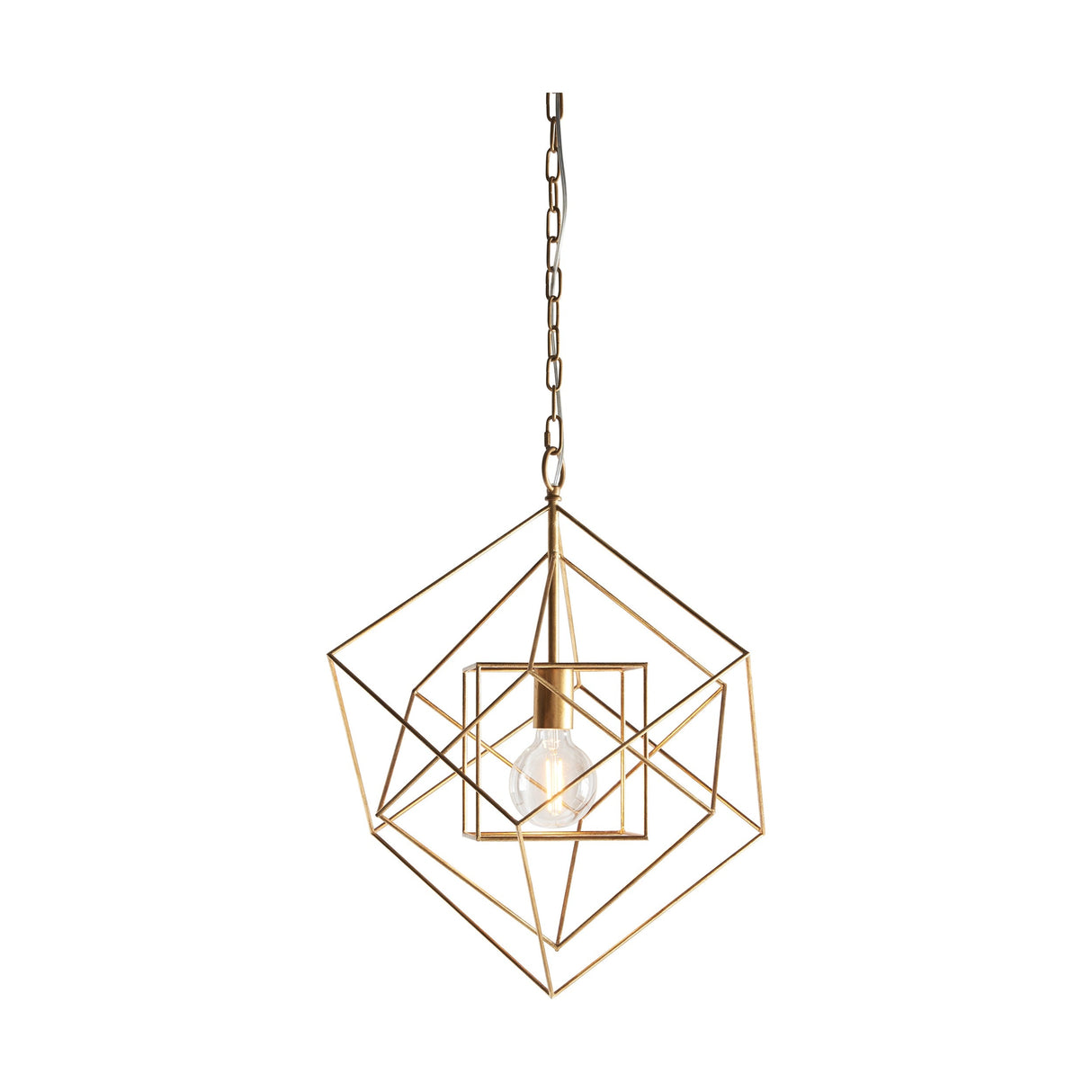 Padgrove Medium Angular Framed Single Pendant in gold leaf by Lighting No.1, with an open metal cage frame and central E27 bulb on a chain suspension.