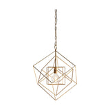 Padgrove Medium Angular Framed Single Pendant in gold leaf by Lighting No.1, with an open metal cage frame and central E27 bulb on a chain suspension.