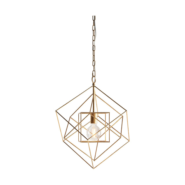 Padgrove Medium Angular Framed Single Pendant in gold leaf by Lighting No.1, with an open metal cage frame and central E27 bulb on a chain suspension.