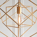 Close-up of the Padgrove Medium Angular Framed Single Pendant in gold leaf, showing the geometric metal cage and central E27 filament bulb.