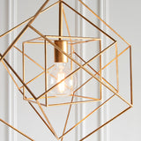 Padgrove Medium Angular Framed Single Pendant by Lighting No.1 in gold leaf, with intersecting geometric metal bars framing a central E27 bulb.