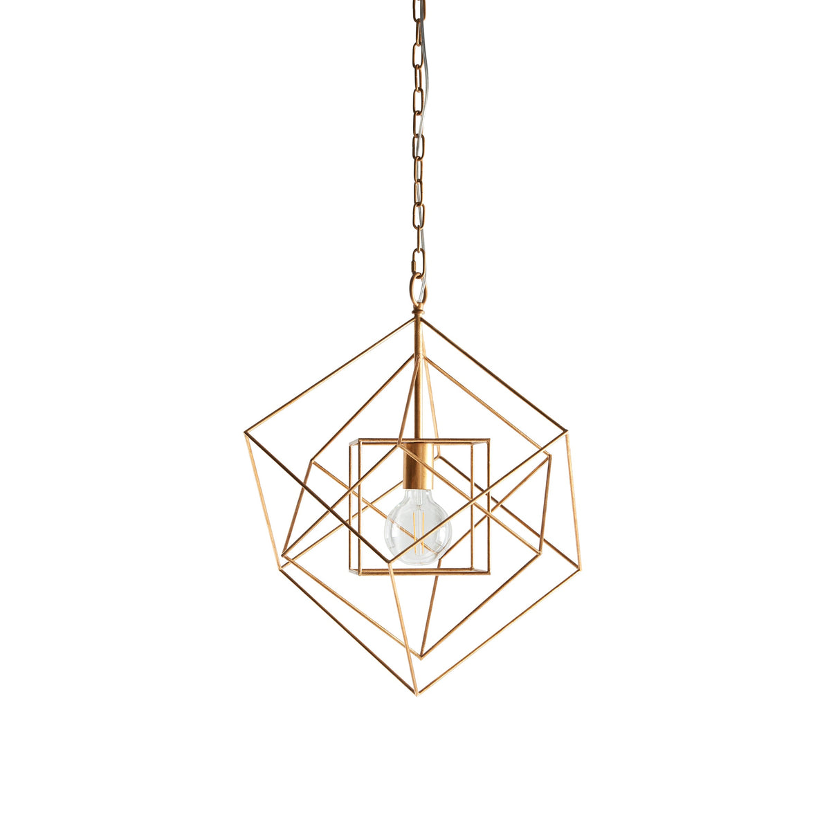 Padgrove Medium Angular Framed Single Pendant in gold leaf by Lighting No.1, an open metal cage of intersecting cubes with a central E27 bulb on a chain.