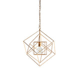Padgrove Medium Angular Framed Single Pendant in gold leaf by Lighting No.1, an open metal cage of intersecting cubes with a central E27 bulb on a chain.