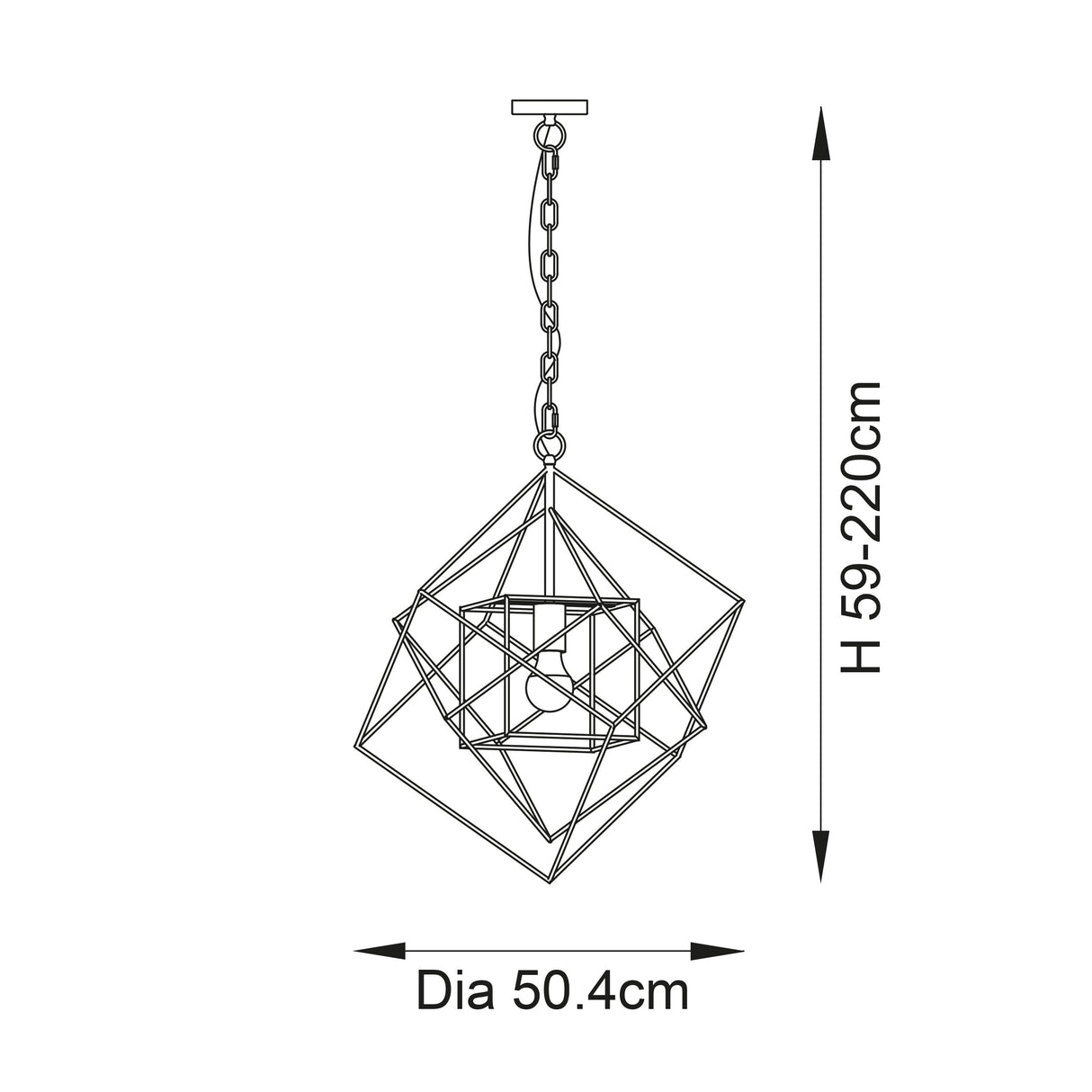 Dimensions diagram of the Lighting No.1 Padgrove Medium Angular Framed Single Pendant showing 50.4cm diameter and adjustable 59-220cm height.