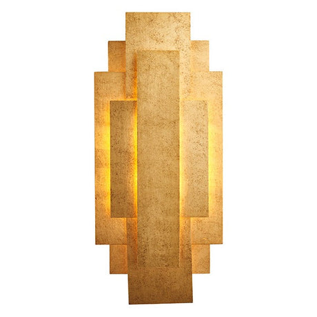 Dunmoor Rectangular Panel 2 Light Wall Light in gold from Lighting No.1, a layered metal sconce with stepped rectangular tiers glowing warmly.
