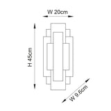 Dimensioned line drawing of the Dunmoor Rectangular Panel 2 Light Wall Light in gold, showing 45cm height, 20cm width and 9.6cm projection.