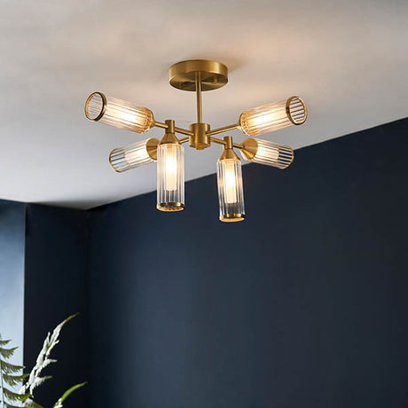 Gorsewell Ribbed Semi-flush 6 Light Flush Ceiling Light - Frosted Satin Brass