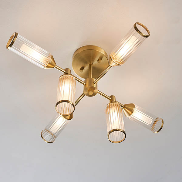 Gorsewell Ribbed Semi-flush 6 Light Flush Ceiling Light - Frosted Satin Brass