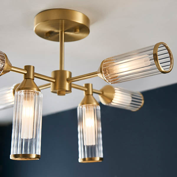 Gorsewell Ribbed Semi-flush 6 Light Flush Ceiling Light - Frosted Satin Brass