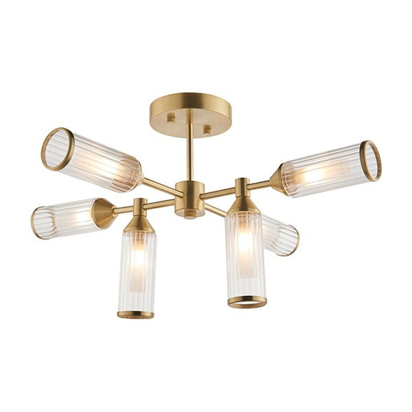 Gorsewell Ribbed Semi-flush 6 Light Flush Ceiling Light - Frosted Satin Brass