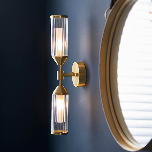 Gorsewell Ribbed Double 2 Light Wall Light - Frosted Satin Brass