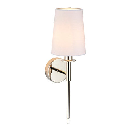 Elverton Wall Light from Lighting No.1 with a tapered white shade on a nickel plated arm and round backplate, shown on a plain white background.