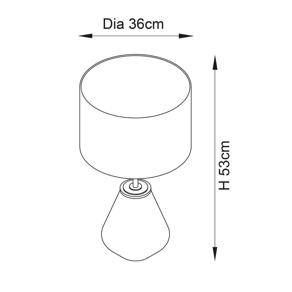 Dimension diagram of the Foxleigh Table Lamp by Lighting No.1 showing 36cm shade diameter and 53cm overall height on a white background.