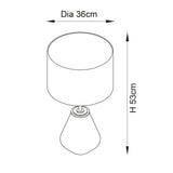 Dimension diagram of the Foxleigh Table Lamp by Lighting No.1 showing 36cm shade diameter and 53cm overall height on a white background.