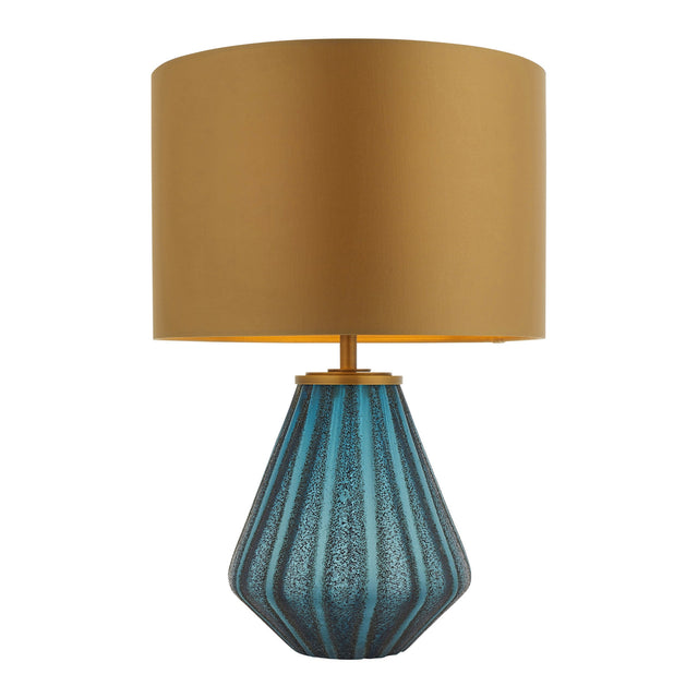 Foxleigh table lamp by Lighting No.1 with a faceted turquoise glass base and gold drum shade on a plain white background.