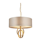 Sparrowmere Double Hoop Large 3 light pendant by Lighting No.1 with mink fabric drum shade, gold leaf hoops and chain suspension on a white background.