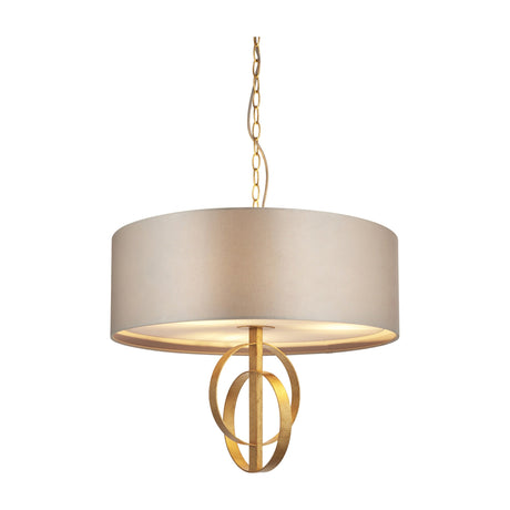 Sparrowmere Double Hoop Large 3 light pendant by Lighting No.1 with mink fabric drum shade, gold leaf hoops and chain suspension on a white background.