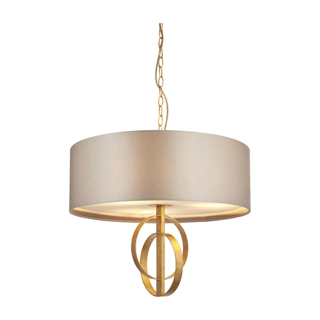 Sparrowmere Double Hoop Large 3 light pendant by Lighting No.1 with mink fabric drum shade, gold leaf hoops and chain suspension on a white background.