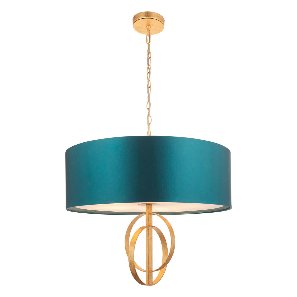 Sparrowmere Double Hoop XL 5 light pendant by Lighting No.1 with teal fabric drum shade, gold leaf hoops and chain suspension on a white background.