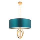 Sparrowmere Double Hoop XL 5 light pendant by Lighting No.1 with teal fabric drum shade, gold leaf hoops and chain suspension on a white background.