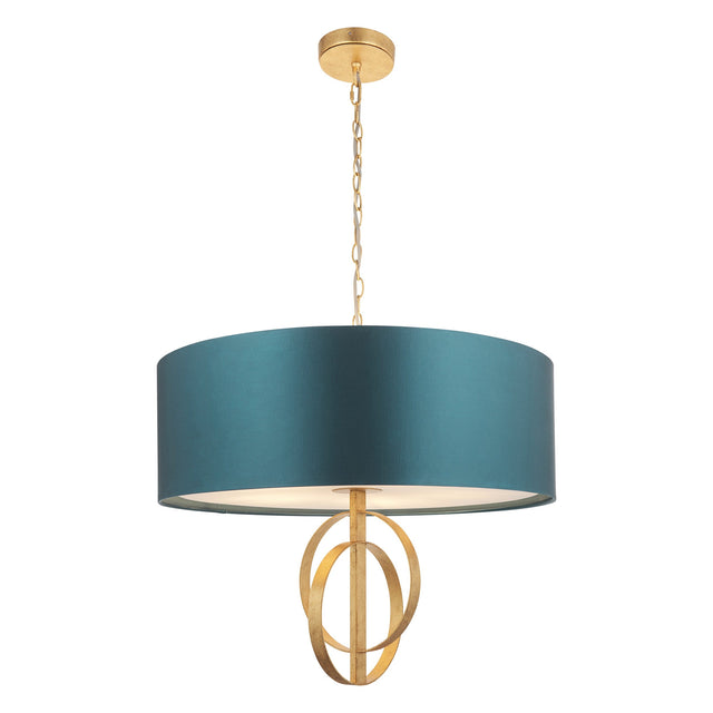 Sparrowmere Double Hoop XL 5 light pendant by Lighting No.1 with a teal fabric drum shade, gold leaf hoops and chain suspension on a white background.