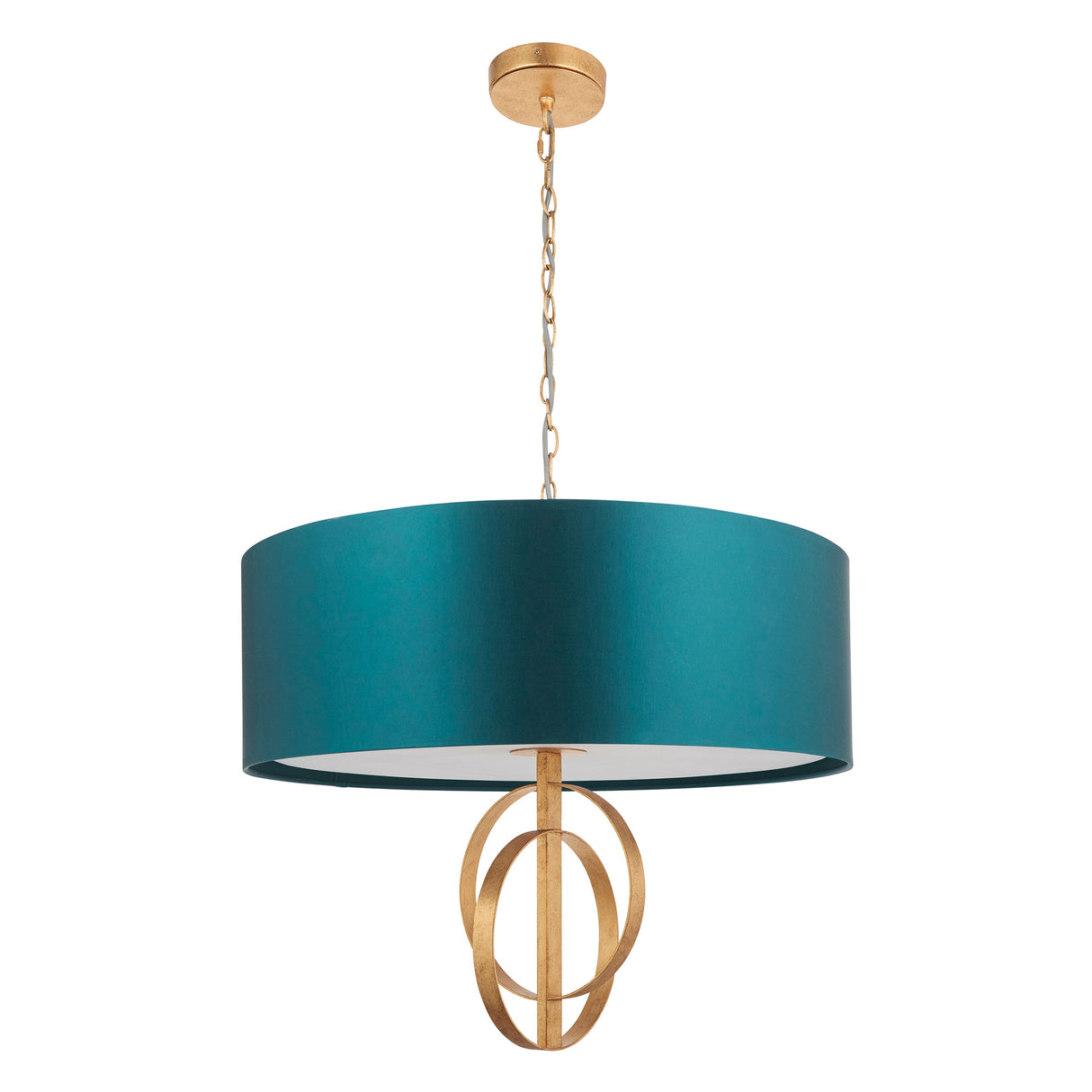 Sparrowmere Double Hoop XL pendant from Lighting No.1 with teal fabric drum shade and gold leaf double hoop detail on chain suspension.