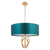 Sparrowmere Double Hoop XL pendant from Lighting No.1 with teal fabric drum shade and gold leaf double hoop detail on chain suspension.