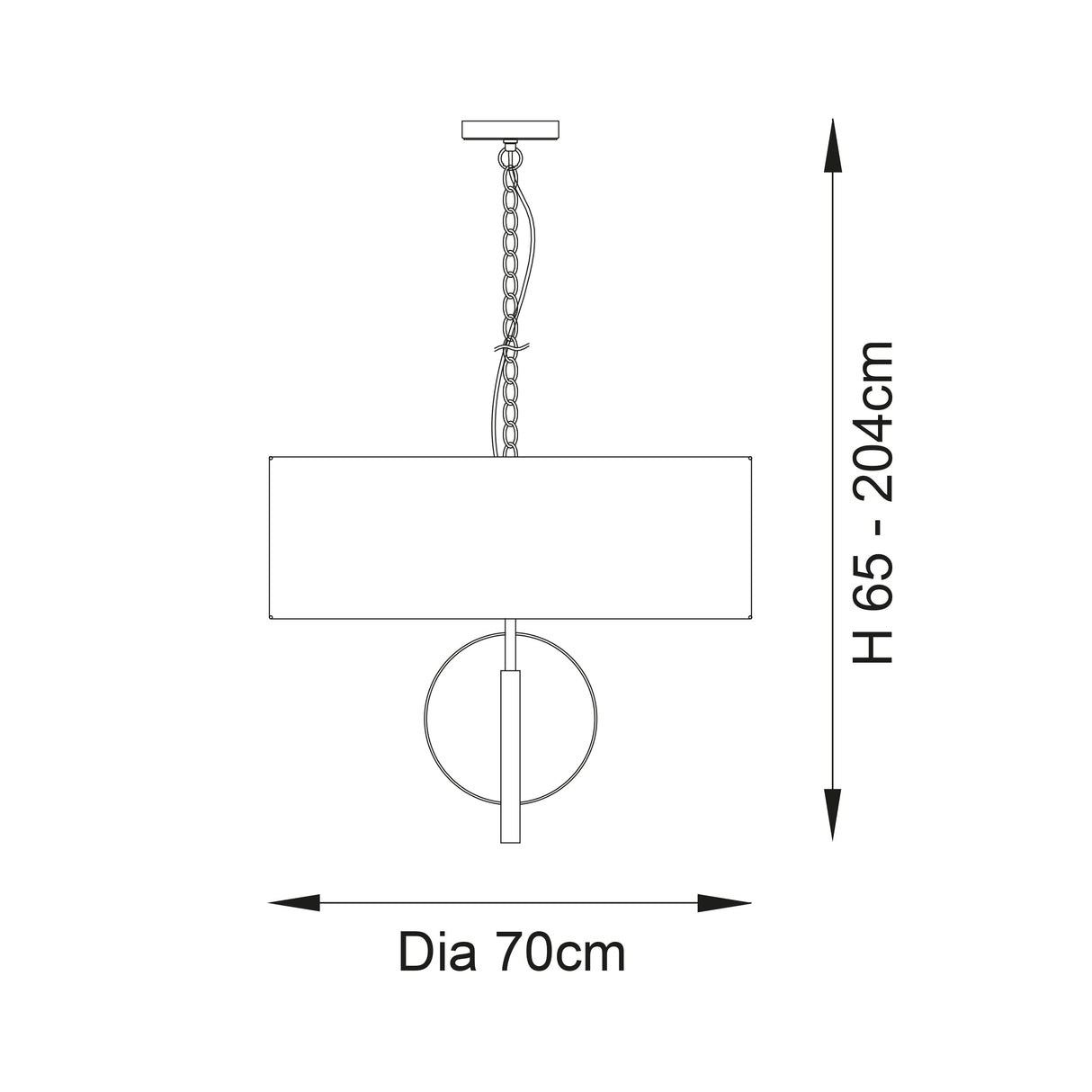 Technical line drawing of the Lighting No.1 Sparrowmere Double Hoop XL 5 Light Pendant showing 70cm diameter and adjustable 65–204cm height.