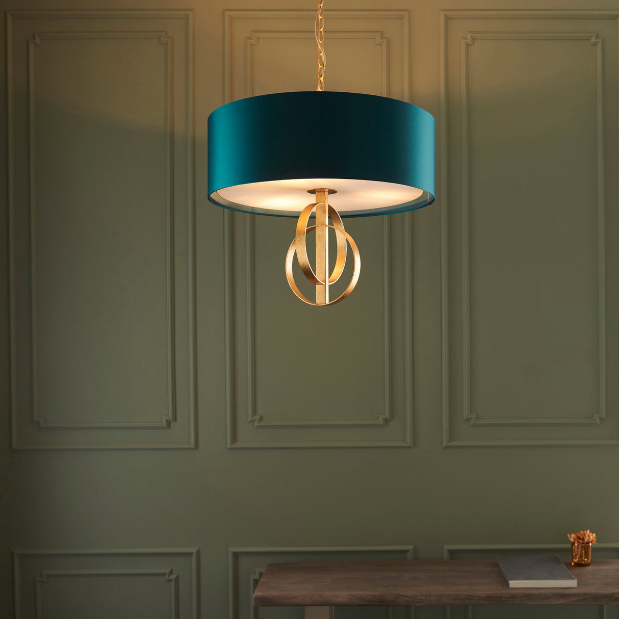 Sparrowmere Double Hoop Large 3 Light Pendant - Gold Leaf Teal