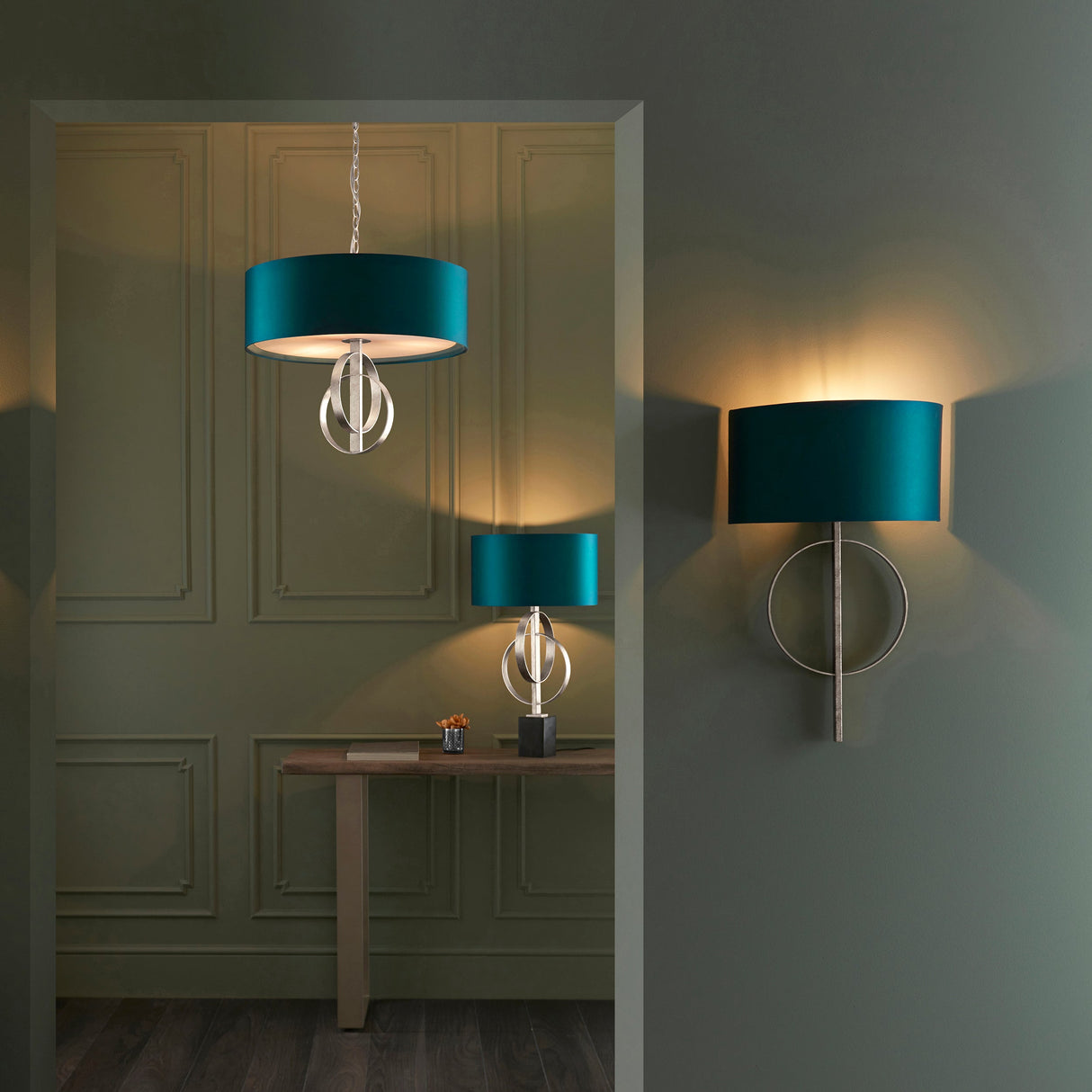 Sparrowmere Double Hoop Large 3 Light Pendant - Silver Leaf Teal