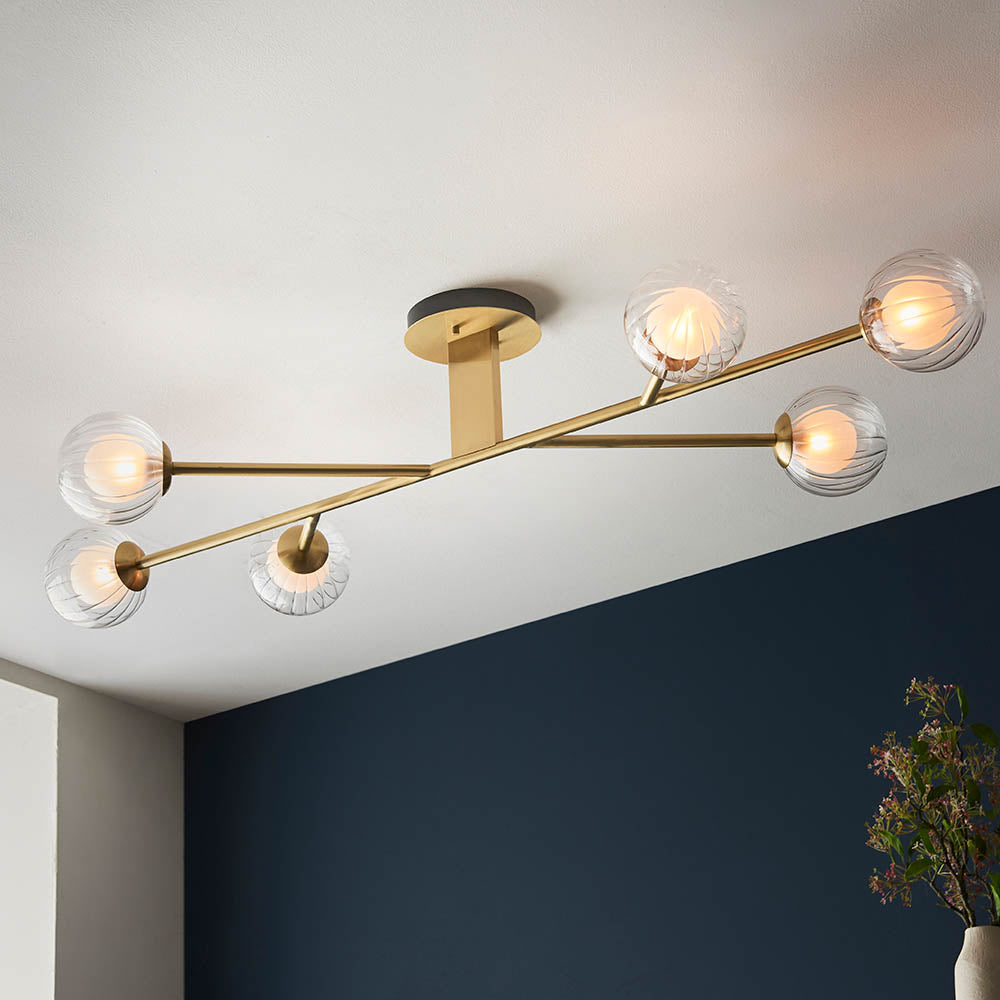 Farnleigh Semi-flush Ribbed/frosted 6 Light Flush Ceiling Light - Satin Brass Clear