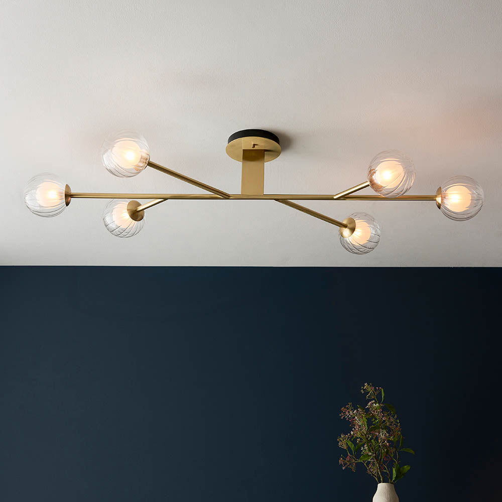 Farnleigh Semi-flush Ribbed/frosted 6 Light Flush Ceiling Light - Satin Brass Clear