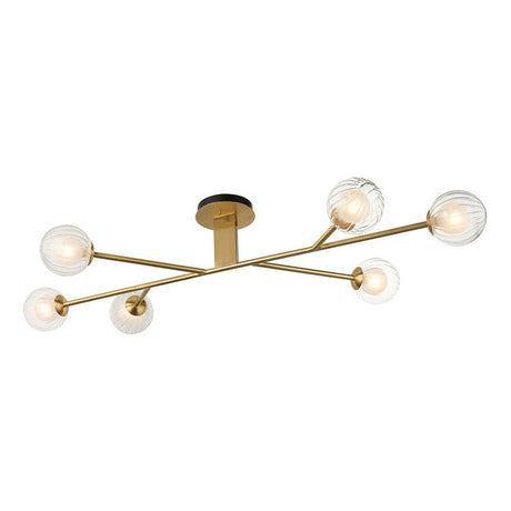 Farnleigh Semi-flush 6 light ceiling fitting from Lighting No.1 with ribbed frosted glass globes on a satin brass crossed-arm frame.