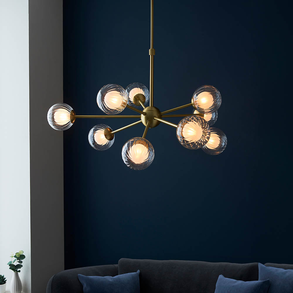 Farnleigh Ribbed/frosted 9 Light Pendant - Satin Brass Clear