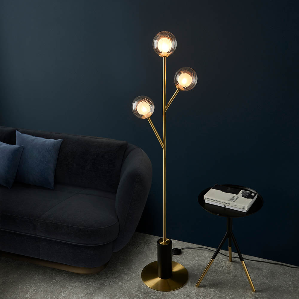 Farnleigh Ribbed/frosted Floor Lamp - Satin Brass Clear