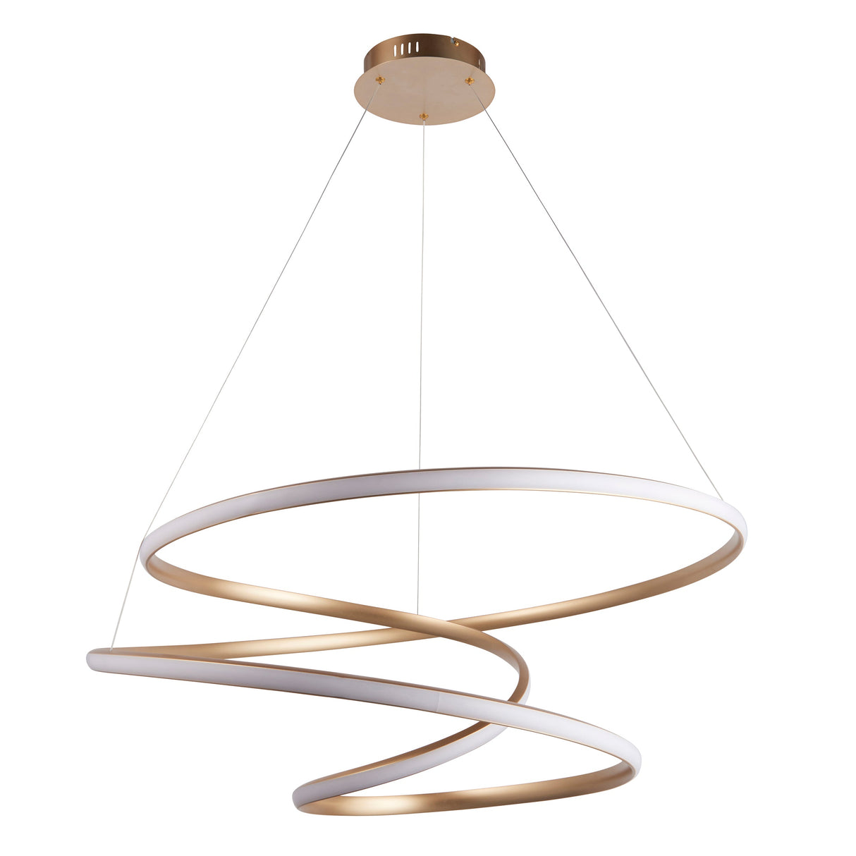 Tolmere Spiral Large Pendant by Lighting No.1 in natural metal, coiled ribbon LED form suspended from a round ceiling plate on slim cables.