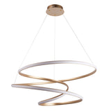 Tolmere Spiral Large Pendant by Lighting No.1 in natural metal, coiled ribbon LED form suspended from a round ceiling plate on slim cables.