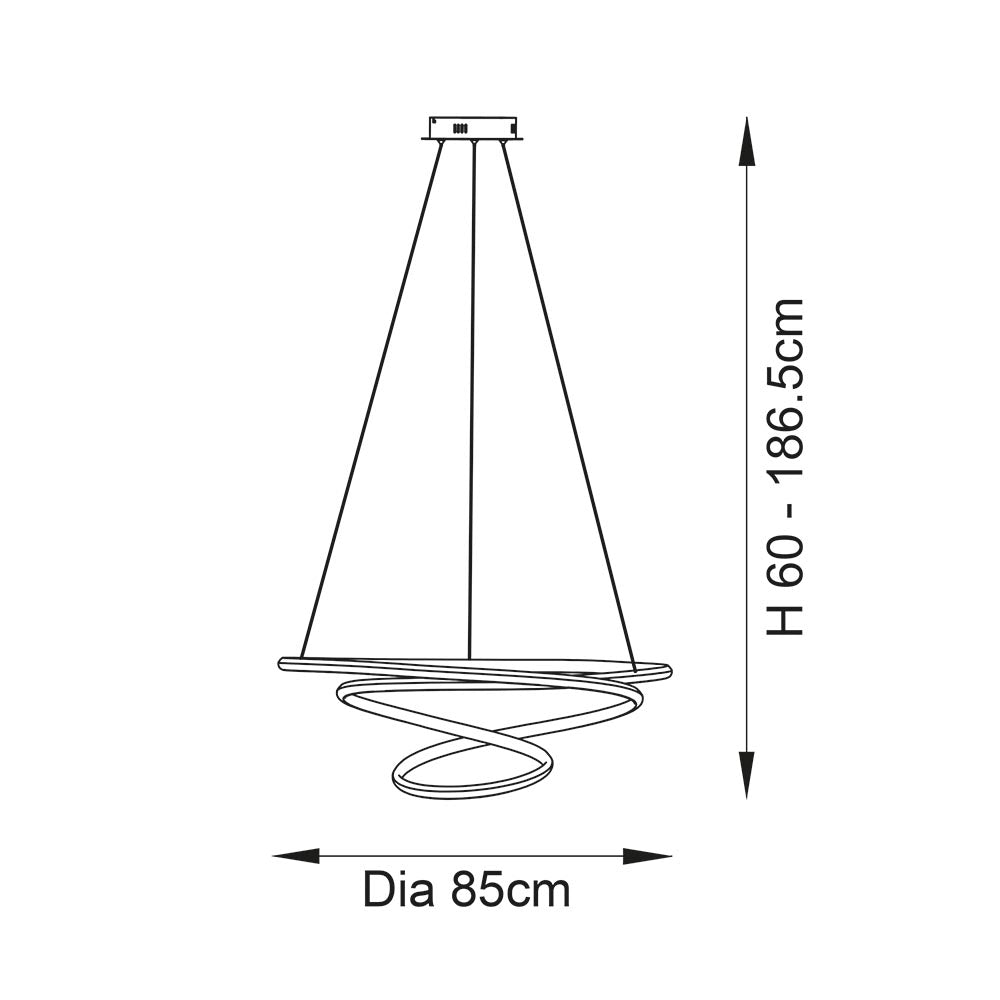 Dimension diagram of Lighting No.1 Tolmere Spiral Large Pendant showing 85cm diameter and adjustable 60–186.5cm drop height.