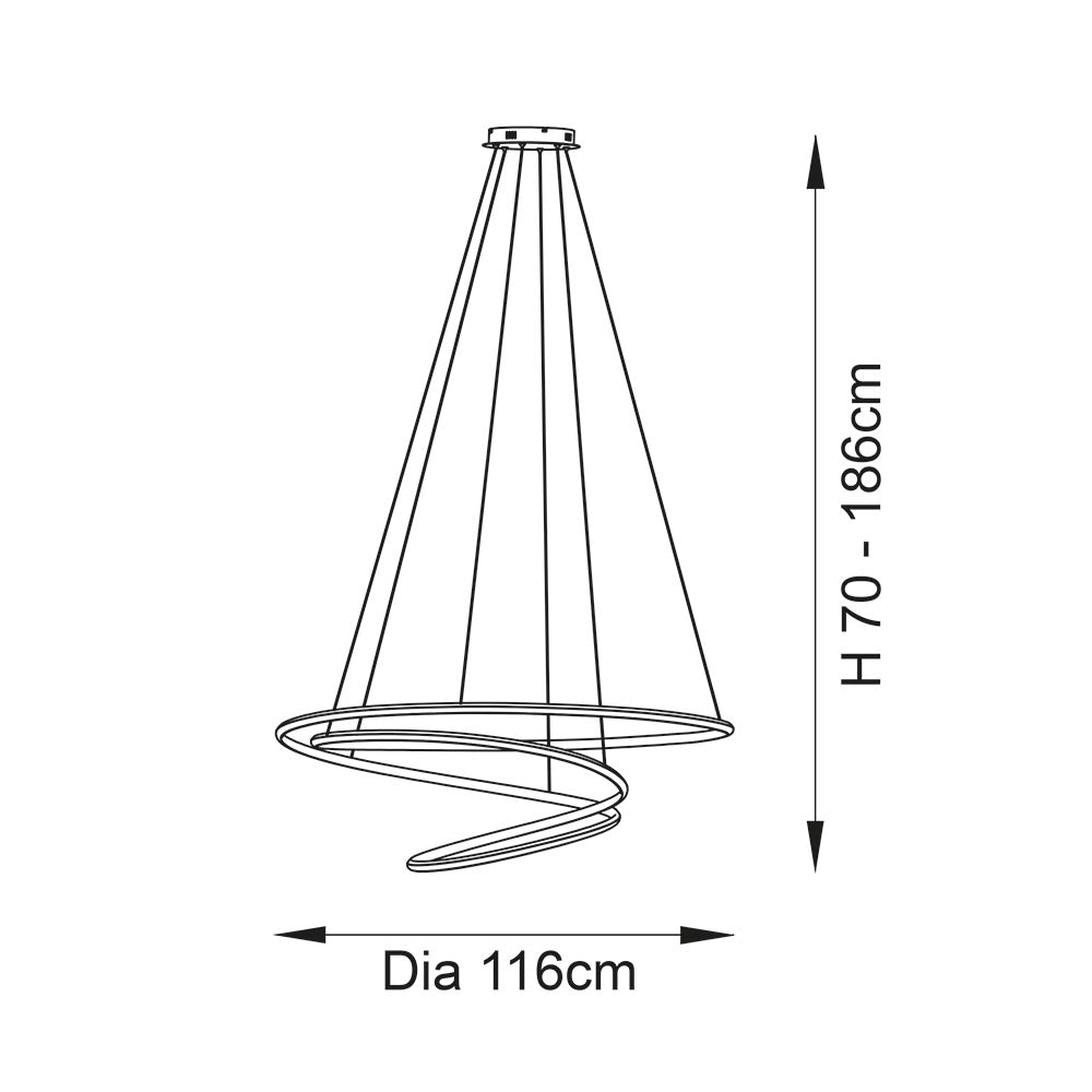 Dimension diagram of the Lighting No.1 Tolmere Spiral Grand Pendant showing 116cm diameter and adjustable height of 70-186cm.