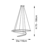 Dimension diagram of the Lighting No.1 Tolmere Spiral Grand Pendant showing 116cm diameter and adjustable height of 70-186cm.