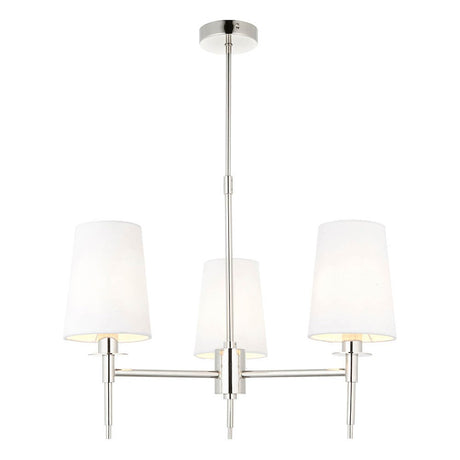 Lighting No.1 Corriford 3 light pendant in bright nickel with a central stem, three arms, and tapered white shades, shown on a plain background.