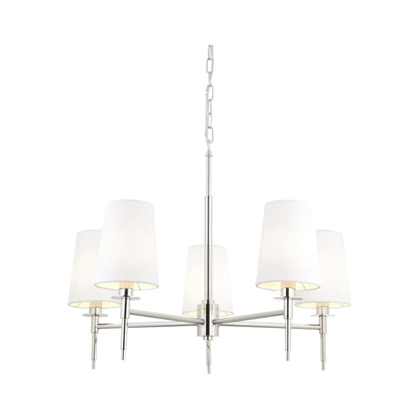 Corriford 5 light pendant from Lighting No.1 in bright nickel with tapered white shades on radiating arms and chain suspension, on white.