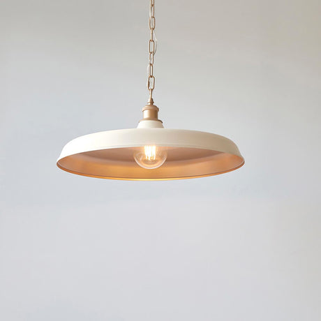 Lighting No.1 Denhollow Mid Century pendant light with a wide matt warm white dome, satin gold interior and chain suspension, lit E27 bulb, plain background.