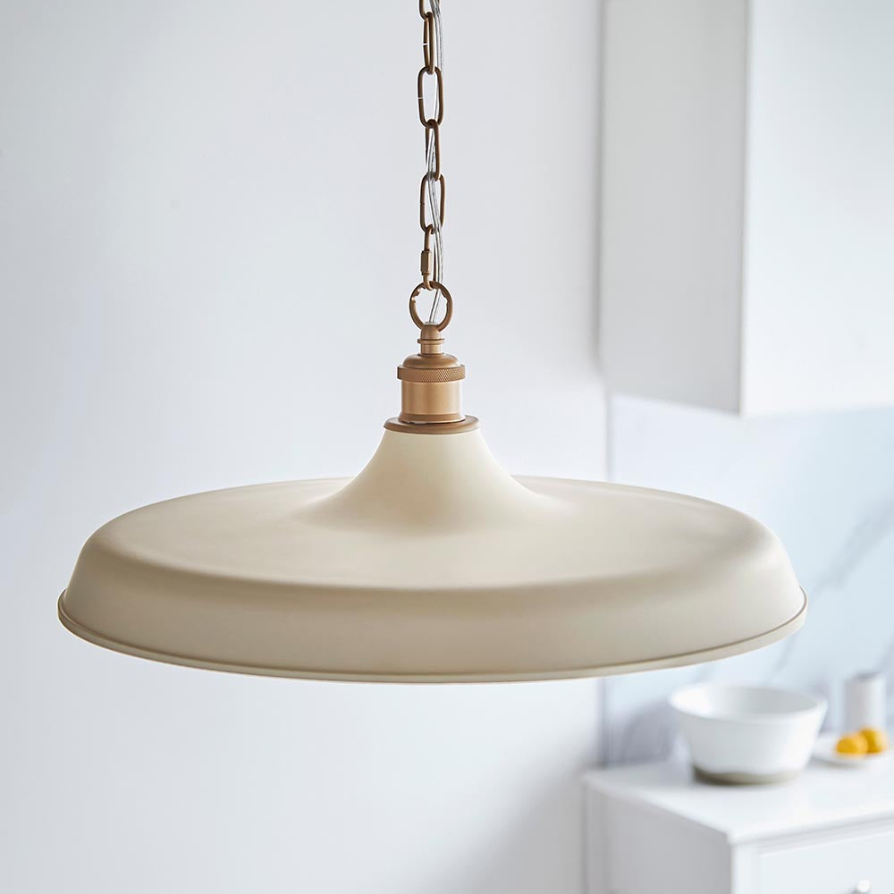 Denhollow Warm Mid Century Pendant in matt white satin with wide shallow dome and gold fittings, suspended on a chain by Lighting No.1.