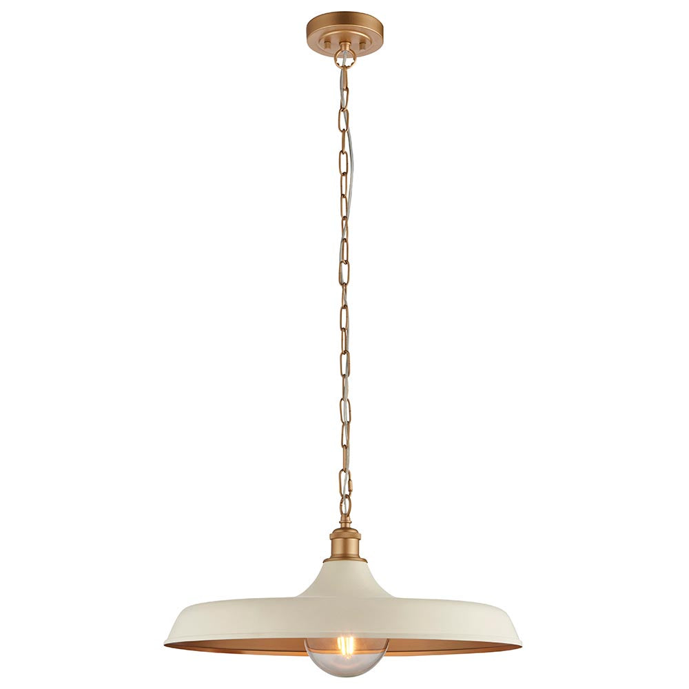 Denhollow Warm Mid Century pendant light by Lighting No.1 with a wide matt white dome, satin gold interior, chain suspension and E27 lamp.