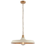 Denhollow Warm Mid Century pendant light by Lighting No.1 with a wide matt white dome, satin gold interior, chain suspension and E27 lamp.